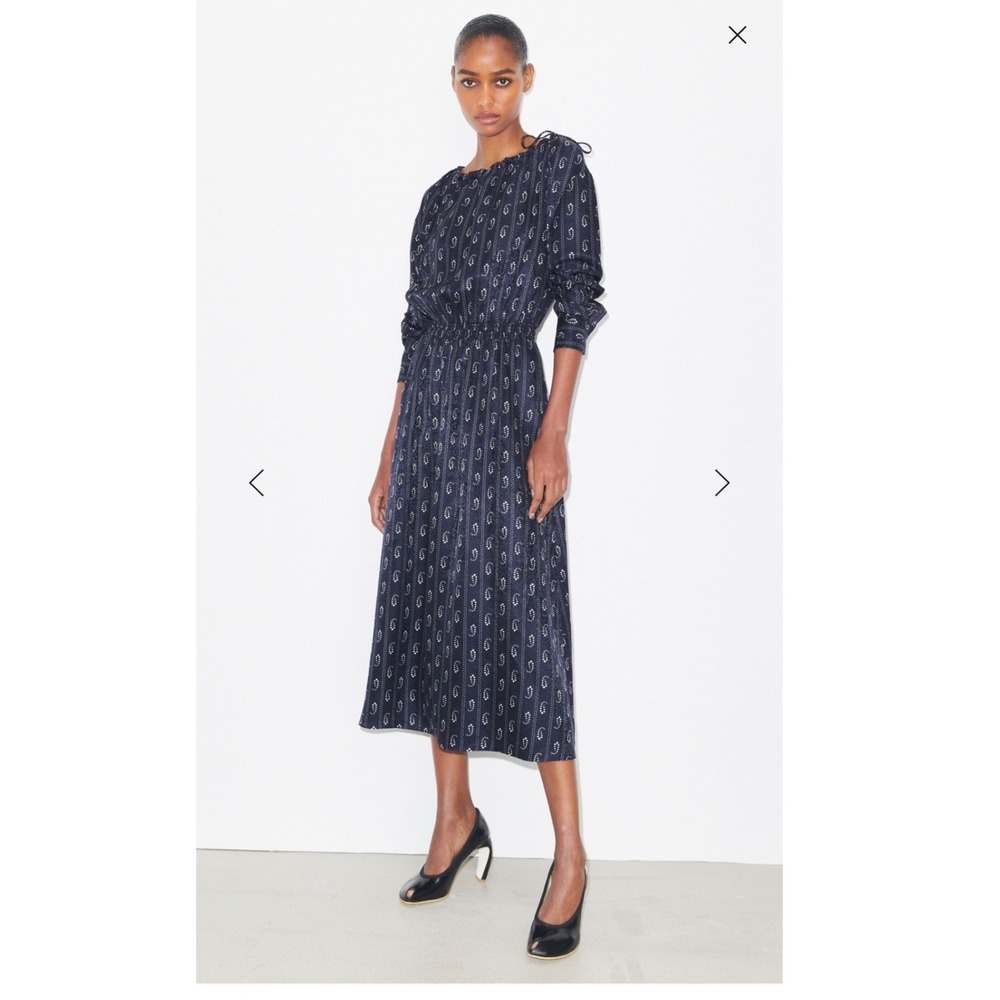 Tory Burch Midi Dress Women 4 Navy Blue Paisley Print Silk Jacquard Long Sleeve